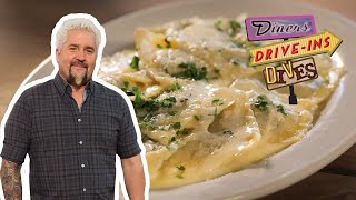 Guy Fieri Eats Ravioli with Garlic and Butter Sauce  Diners DriveIns and Dives  Food Network [upl. by Hadria]