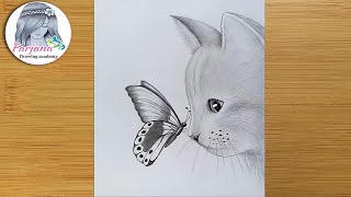 How to draw a cat with butterfly  pencil sketch for beginners  step by step drawing [upl. by Aufa]