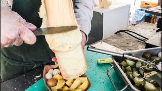 Swiss Raclette Huge Melted Cheese Tasted in Prague Street food of the Czech Republic [upl. by Yot394]