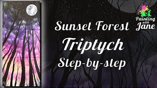 Sunset Forest TRIPTYCH  Step by Step Acrylic Painting on Canvas for Beginners [upl. by Wolfgang942]