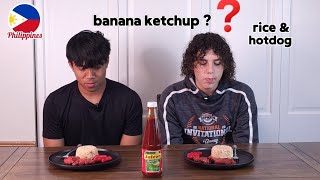 American kids reaction FILIPINO food for the first time banana ketchup 🤔 [upl. by Noemis]