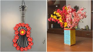 Creative DIY Guitar Wall Hanging and Popsicle Stick Flower Vase  Easy Home Decor Crafts [upl. by Nylram]