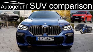 Mercedes GLE Coupé 53 AMG vs BMW X6 M50i vs Audi SQ8 vs Porsche Cayenne Turbo Coupé comparison SUV [upl. by Atiran]