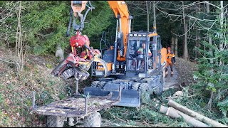 Bagger mit Prozessor beim Holz 🇨🇭🪓🌲 an der Seilbahn mit Forstunternehmen Bernet amp Mathys Teil 3 [upl. by Chrotoem]