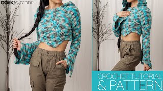 How to Crochet Bell Sleeve Cropped Hoodie  Pattern amp Tutorial DIY [upl. by Egroeg]