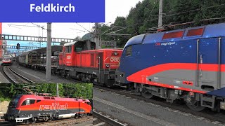 Bahnhof Feldkirch Bunter Bahnverkehr mit NightJetLok Railjet Güterzügen Dosto Talent1 [upl. by Ahseim]