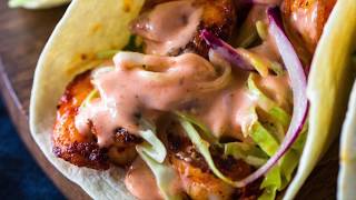 Spicy Shrimp Tacos with Creamy Sriracha Sauce amp Cilantro Lime Slaw [upl. by Ephrem]