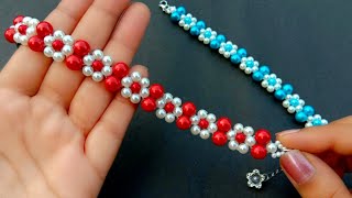 Simple amp Beautiful Pearl Flower BraceletBeaded Bracelet Making How To Useful amp Easy [upl. by Suiravat864]