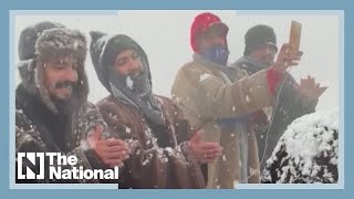 Saudis sing and dance in Tabuk to celebrate snowfall [upl. by Furlong668]