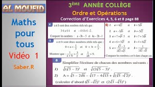 3ème Année Collège Ordre et Opérations Correction d’exercices 4 5 6 et 8 page 88 ALMOUFID Vidéo 1 [upl. by Cofsky177]