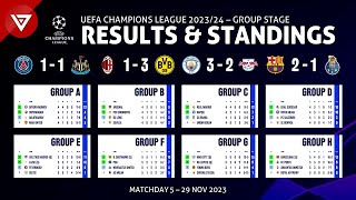 🔴 Matchday 5 Champions League 202324 Results amp Standings as of 29 Nov  Qualified for Round of 16 [upl. by Spearman289]