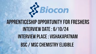 Biocon conducting walk in interview for apprenticeship  Chemistry jobs  Bengaluru jobs  Fresher [upl. by Einiar]