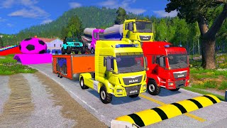 Double Flatbed Trailer Truck vs speed bumpsBusses vs speed bumpsBeamng Drive 12 [upl. by Sal760]