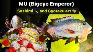 Night fishing for MU in HAWAII  Epic sashimi display and Gyotaku fishprint [upl. by Enitsud113]