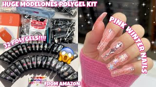 TRYING A HUGE MODELONES POLYGEL NAIL STARTER KIT FROM AMAZON  130 ITEMS  BEGINNER POLYGEL KIT [upl. by Rusert]