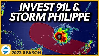 Tropical storm Philippe and Invest 91L Interaction between both systems complicates the forecast [upl. by Haskel591]