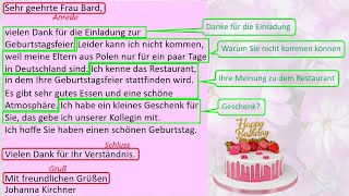 Brief schreiben DTZ A2B1 Ihre Chefin feiert ihren Geburtstag Leider können Sie nicht kommen [upl. by Odnalo]