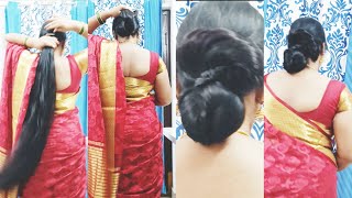 Quick hair style 💖 South Indian hair styleLong hair bun knee length long hair bunSaree bun style [upl. by Ailisab]