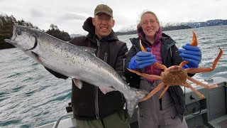 Catch and Cook Snow Crabs amp King Salmon  Fishing Alaska During a Winter Storm [upl. by Nomra]