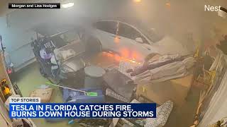 Tesla catches fire in garage after flooding from Hurricane Helene [upl. by Nylrehc]