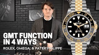 GMT Function In 4 Ways  Rolex Omega amp Patek Philippe  SwissWatchExpo [upl. by Kessia]