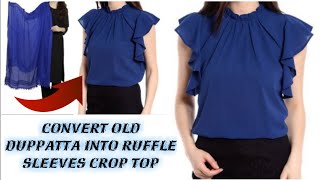 DIY Convert Old Duppatta Into ruffle sleeve crop top in 2 Minutes [upl. by Luben802]