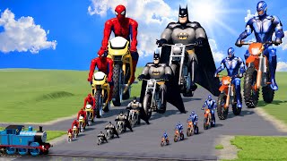 Big amp Small Spiderman on a motorcycle vs Batman on a motorcycle vs Volt on a motorcycle vs Trains [upl. by Suivatnad174]