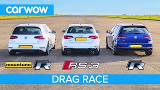 Audi RS3 vs VW Golf R vs Golf R with £1200 tune – DRAG RACE ROLLING RACE AND BRAKE TEST [upl. by Aihsas141]