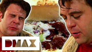 Adam Struggles To Finish A Pork Sandwich Drenched In Habanero Sauce  Man V Food [upl. by Ahsinaj]