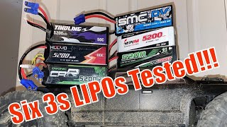 Six 3s 5200 mAh LIPO Shootout  Run Time Top Speed Voltage Sag Capacity Testing  SMC VS Others [upl. by Batista]