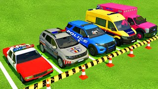 CHEVROLET DACIA FORD VOLKSWAGEN POLICE CARS amp FORD AMBULANCE EMERGENCY TRANSPORTING  FS22 [upl. by Novaj874]