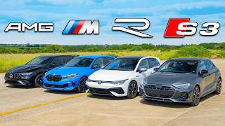 New Audi S3 v BMW M135i v AMG A35 v VW Golf R DRAG RACE [upl. by Irami]