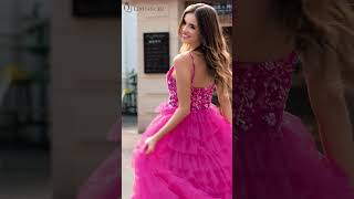 Fuchsia Princess ALine Spaghetti Straps Sequin Tiered Long Prom Dress with Slit [upl. by Verina]