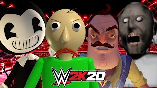 BENDY vs BALDI vs HELLO NEIGHBOR vs GRANNY  WWE 2K20 Gameplay [upl. by Abbey]