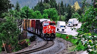 Trains And Trucks Following The TransCanada Hwy In British Columbia [upl. by Nosimaj]