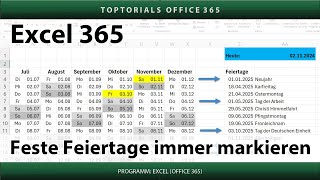 Feste Feiertage im Kalender jedes Jahr farbig markieren  Excel 365 Tutorial [upl. by Agace]