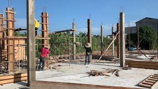 Concrete Column Construction Process  Traditional Timber Formwork  Reinforcement  Shuttering Work [upl. by Tarttan543]