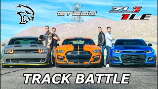 2020 Mustang Shelby GT500 vs Camaro ZL1 1LE vs Hellcat Redeye  DRAG RACE ROLL RACE amp LAP TIMES [upl. by Airdnat473]