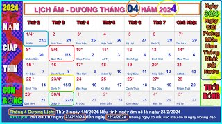 Lịch âm dương tháng 4 năm 2024  Lịch vạn niên tháng 42024 Ngày Lễ Tháng 42024 [upl. by Terryl]