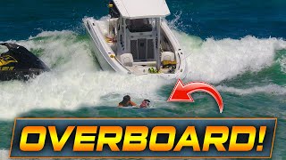 2 PEOPLE GO OVERBOARD IN FRONT OF INCOMING BOAT   BOCA INLET  HAULOVER INLET BOATS  WAVY BOATS [upl. by Lucilia]