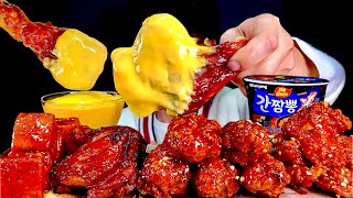 ASMR 매콤달콤 양념치킨파티🍗자메이카 통다리 양념치킨 양념멘보샤 치즈소스 찍먹방 Sweet Spicy Chicken With spicy Noodles MuKBang [upl. by Rebekkah630]