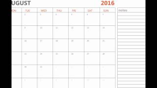 Printable August 2016 calendar with holidays and notes [upl. by Ylreveb]