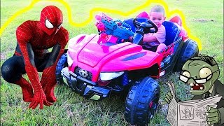 SPIDERMAN ride on  NERF GUN ZOMBIE PRETEND PLAY KILLING KIDS TOYS VIDEO [upl. by Fiorenza]