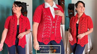 SUÉTER saco 🧥 o CHAQUETA CUELLO CAMISERO TEJIDO A CROCHET😘CANESÚ RECTÁNGULO PARA TODAS LAS TALLAS [upl. by Portia]