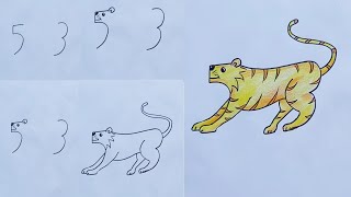 How to draw a tiger with number 53  Easy tiger drawing [upl. by Mahala]