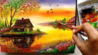 Beautiful Riverside Scenery Painting  Acrylic Painting Tutorial [upl. by Ermine713]