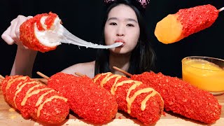 Cheesy FLAMIN Hot Cheetos Corn Dogs Korean Spicy Hot Dogs w Nacho Cheese  Crispy Asmr Mukbang [upl. by Itsuj576]