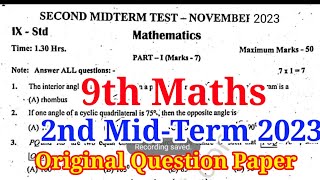 9th Maths Second Mid term Original Question paper 2023  Important Model  9th Maths 2nd Midterm [upl. by Ruth184]