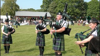 Huntly Pipe Band playing Braes of Killiecrankie during 2023 Oldmeldrum Highland Games in Scotland [upl. by Tnarg]