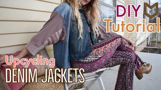 DENIM JACKET UPCYCLE  HOW TO MAKE BIGGER  SWEATER SLEEVE JACKET  DIY [upl. by Carilyn23]